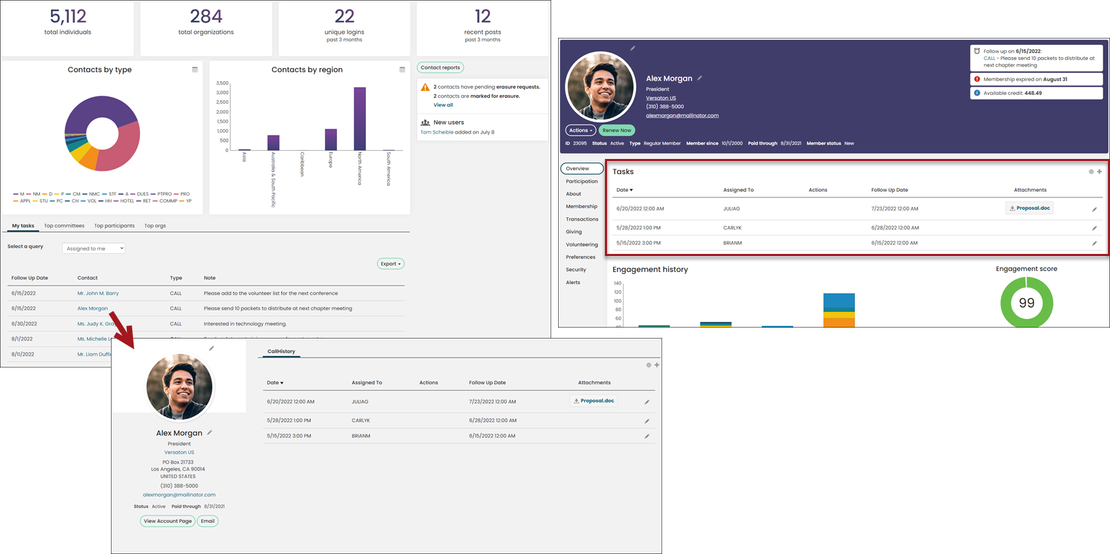 Thee images total: First image displays activity taks on the community dashboard, second image displays a view of the tasks account page for a contacnt, and third image displays tasks on the regular account page for a contact